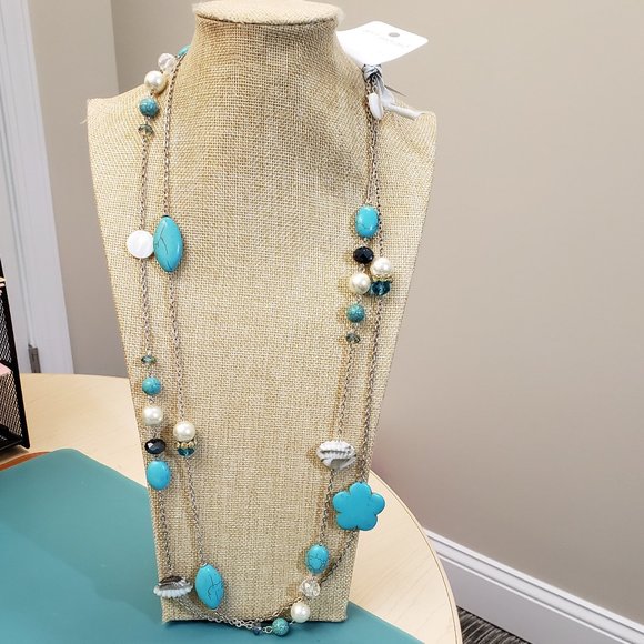 St Emerald, NWT, 2 turquoise, pearl beaded jeweled long silver fashion necklaces - Picture 1 of 16